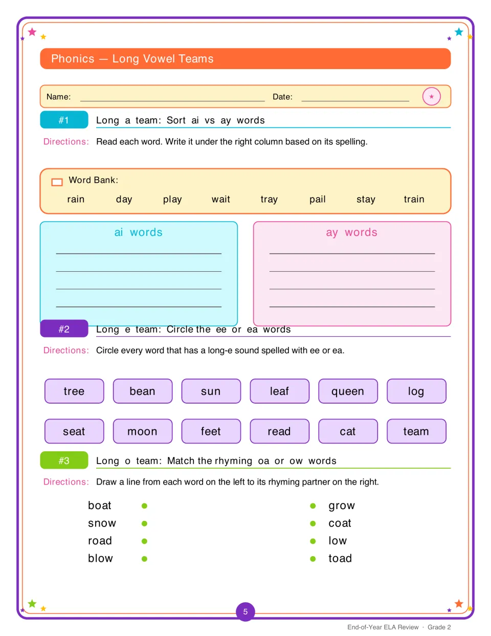 Long vowel teams: students sort ai and ay words, circle ee and ea words, and match rhyming oa and ow words
