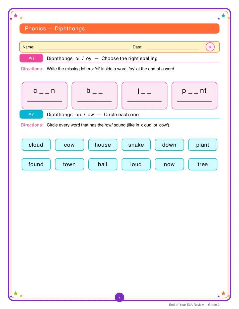Diphthongs practice: students write oi or oy to finish words, then circle each word with the /ow/ sound as in cow