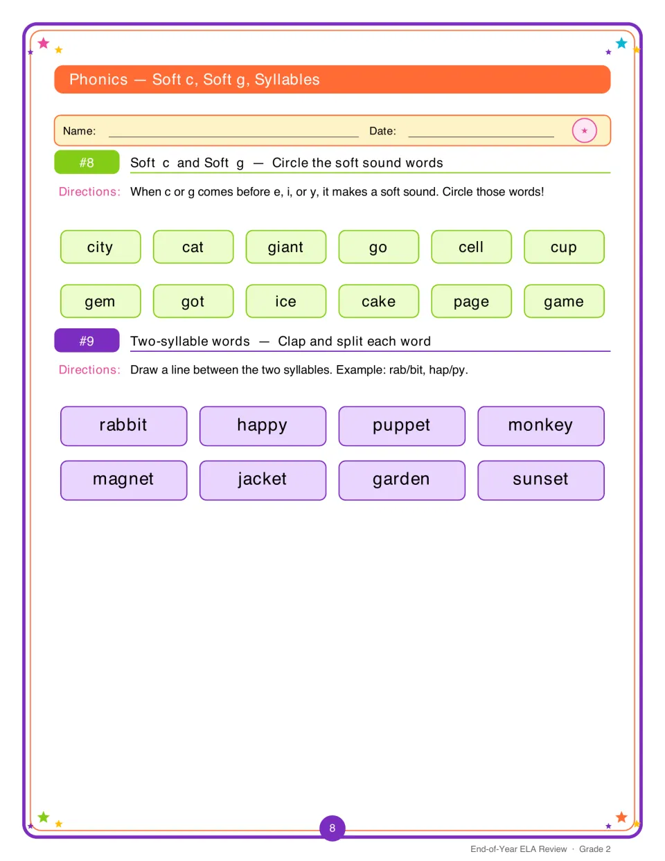 Soft c and soft g: students circle words like city and gem, then split two-syllable words such as rab/bit