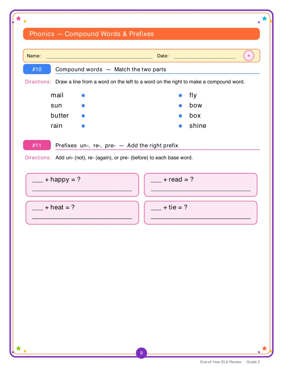Compound words and prefixes: students match parts like sun and shine, then add un-, re- or pre- to base words