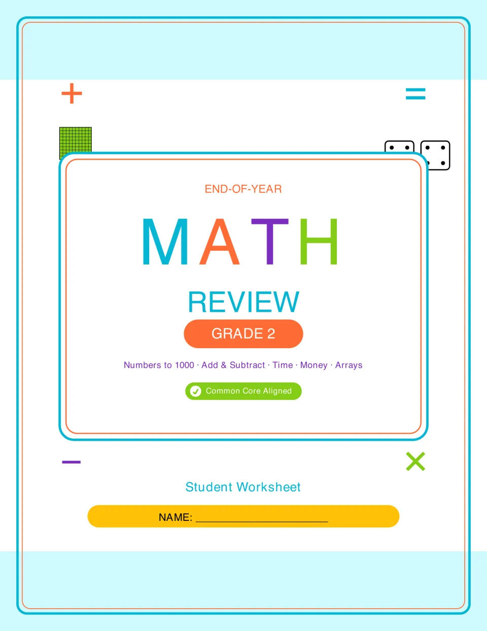 End-of-Year Math Review Grade 2 student book cover listing numbers to 1000, add and subtract, time, money and arrays