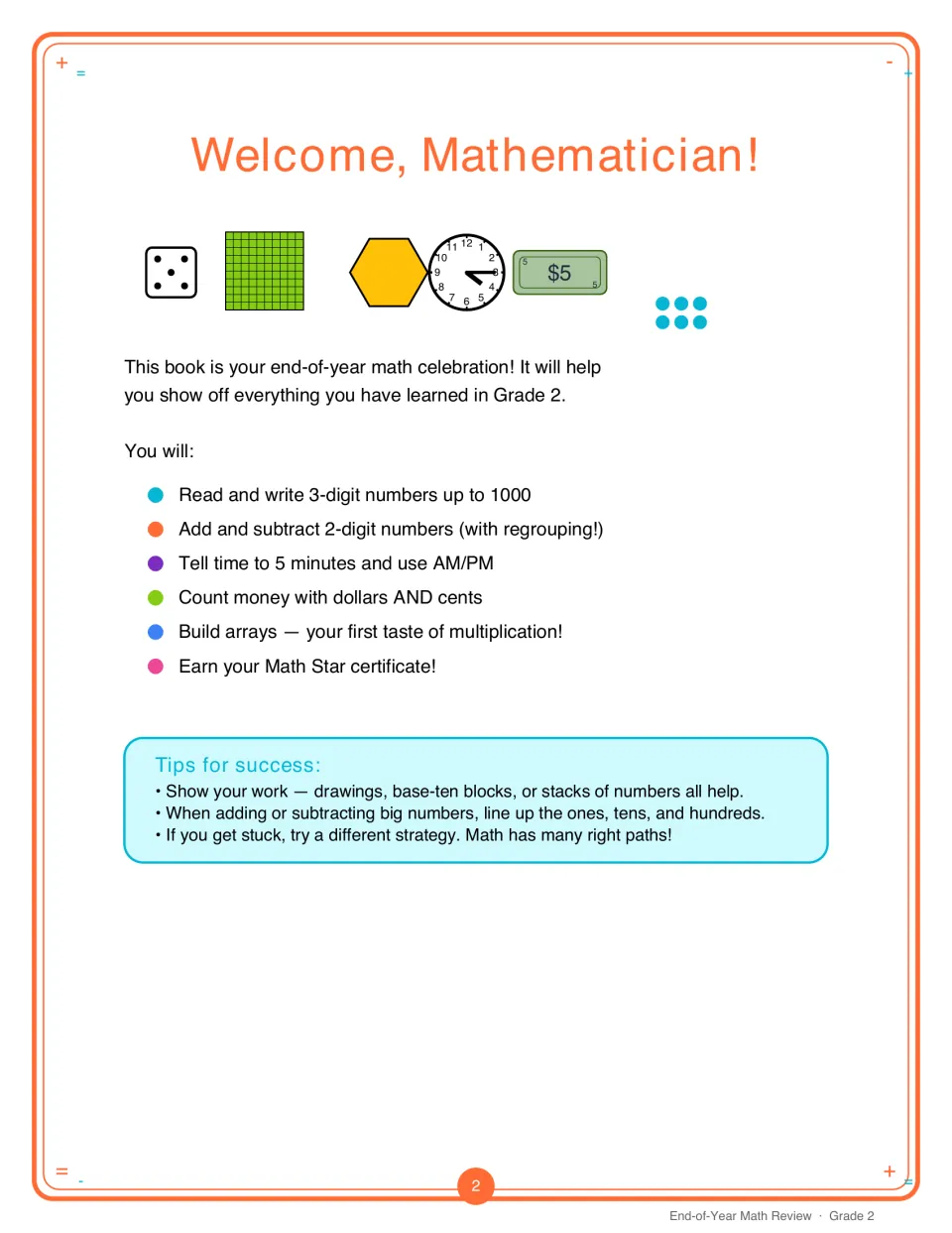 Welcome, Mathematician! intro: students preview goals from 3-digit numbers to arrays and read three tips for success