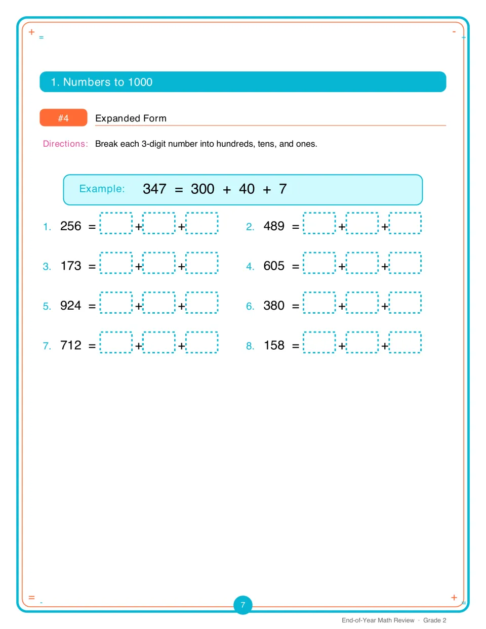 Expanded form: students break 8 three-digit numbers such as 256 and 605 into hundreds + tens + ones, after a 347 example
