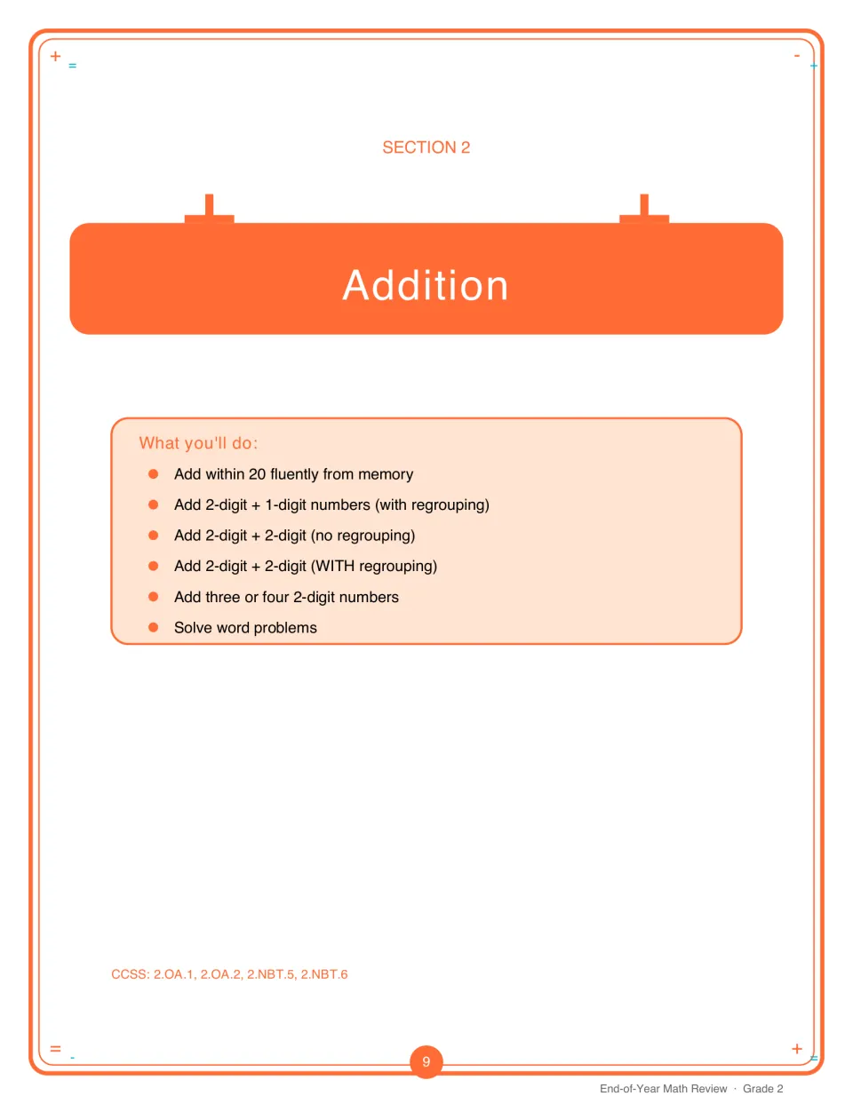 Section 2 opener, Addition: goals for facts within 20, 2-digit sums with and without regrouping and word problems