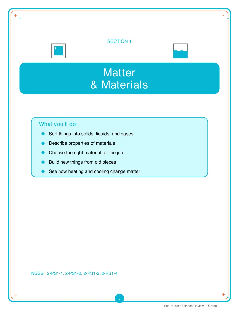 Section 1 opener, Matter & Materials: goals include sorting solids, liquids and gases and heating and cooling changes