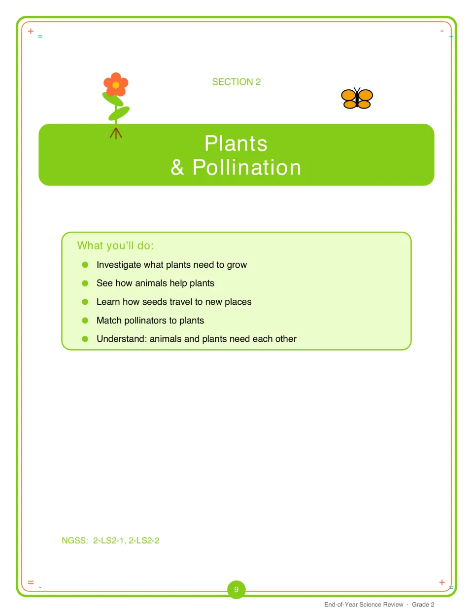 Section 2 opener, Plants & Pollination: goals on what plants need, seed travel and matching pollinators to plants