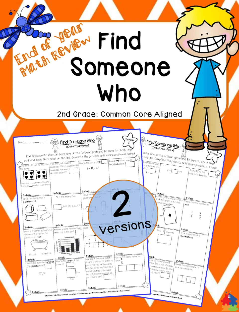 Cover for an End of Year Math Review Find Someone Who, 2nd grade, previewing two versions of the problem sheet