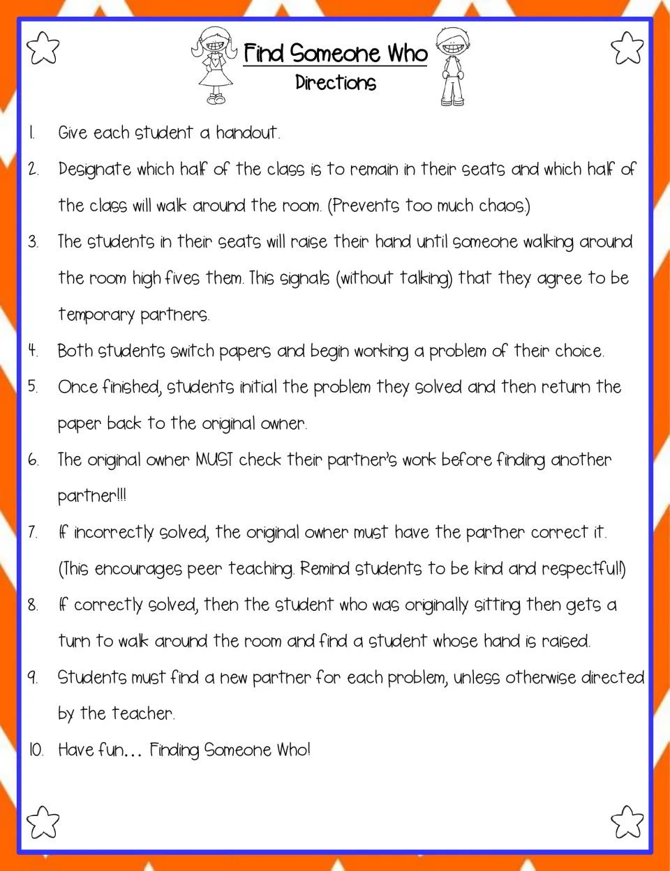 Teacher directions: half the class sits, half walks, partners high-five, swap papers, solve a problem and check work