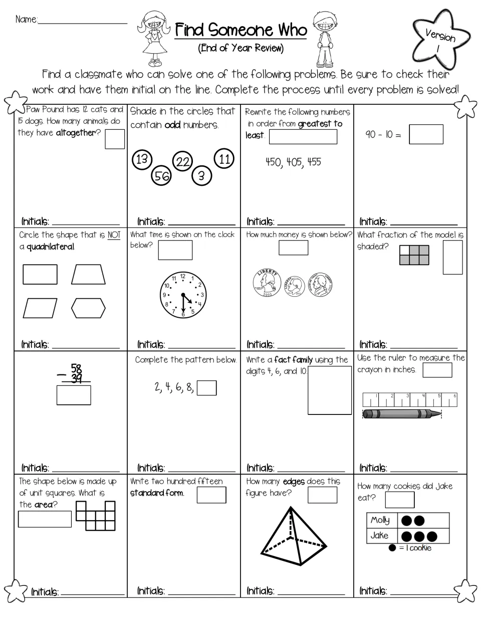 Version 1 review: 16 problems on odd numbers, ordering, subtraction, time, coins, fractions, measuring and area