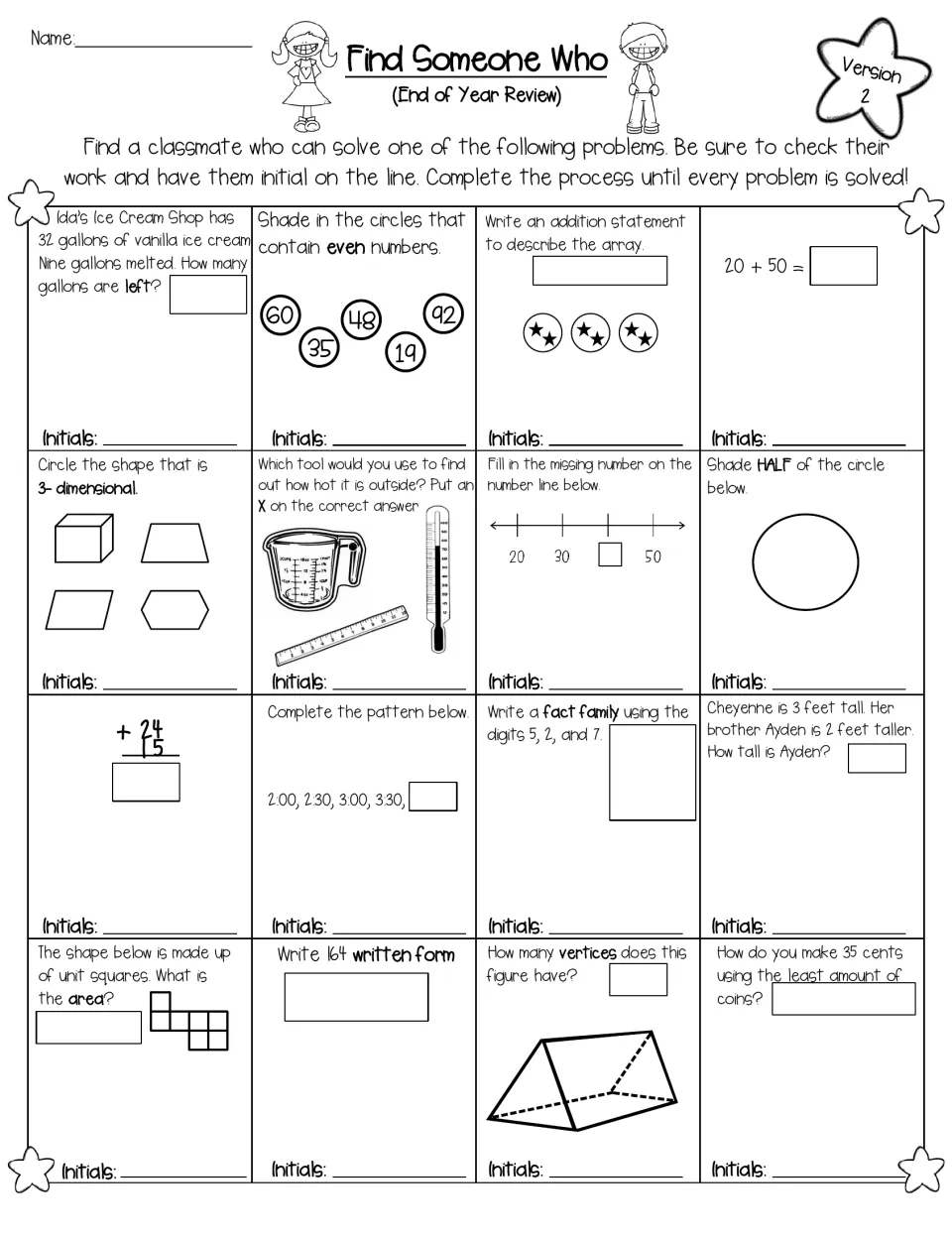 Version 2 review: 16 problems on even numbers, arrays, number lines, halves, fact families, vertices and coins