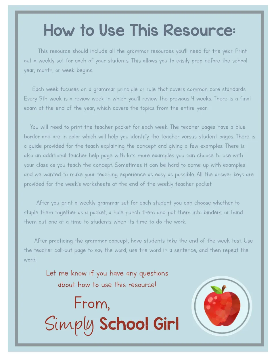How to use: print a weekly student set, teach from blue-bordered teacher pages, review every 5th week, give the week test