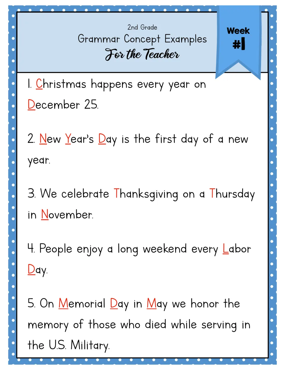 Teacher examples for capitalizing holidays: five sentences with capitals in red, such as Christmas, Labor Day and November