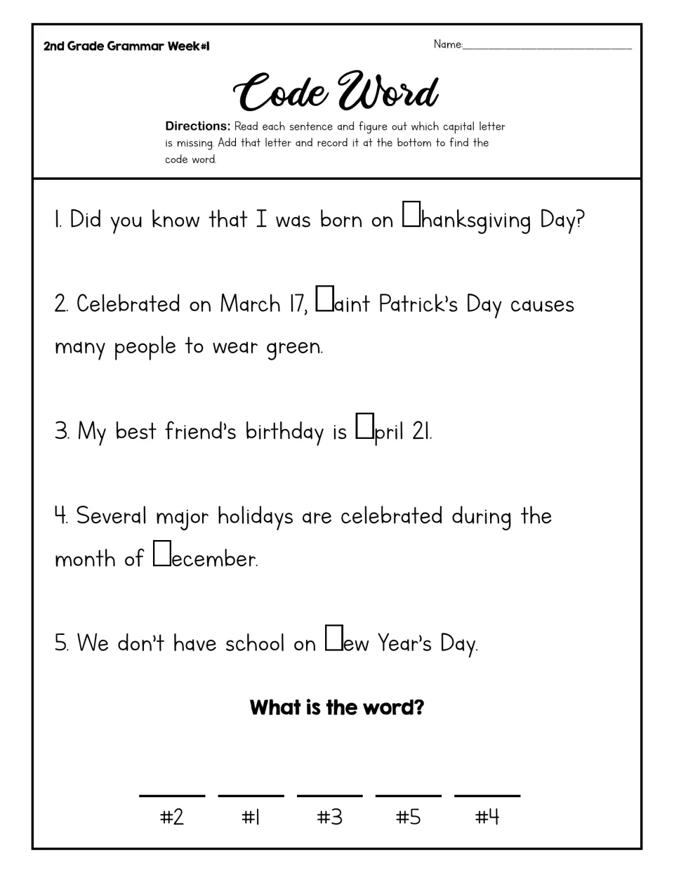 Code Word holiday capitals: students add the missing capital letter in 5 sentences, then order the letters to spell a word