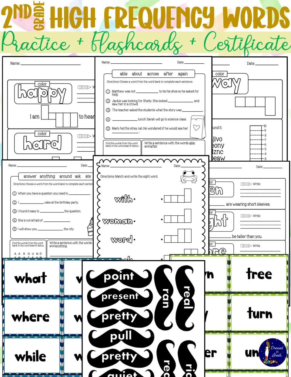 2nd grade high frequency words cover: practice pages, flashcards and certificate, previewing word sheets and word cards