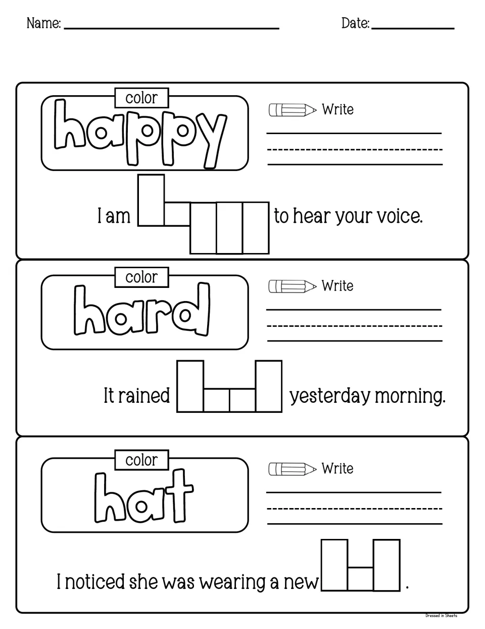 Sight words happy, hard and hat: students color each word, write it, then complete a sentence using its word shape