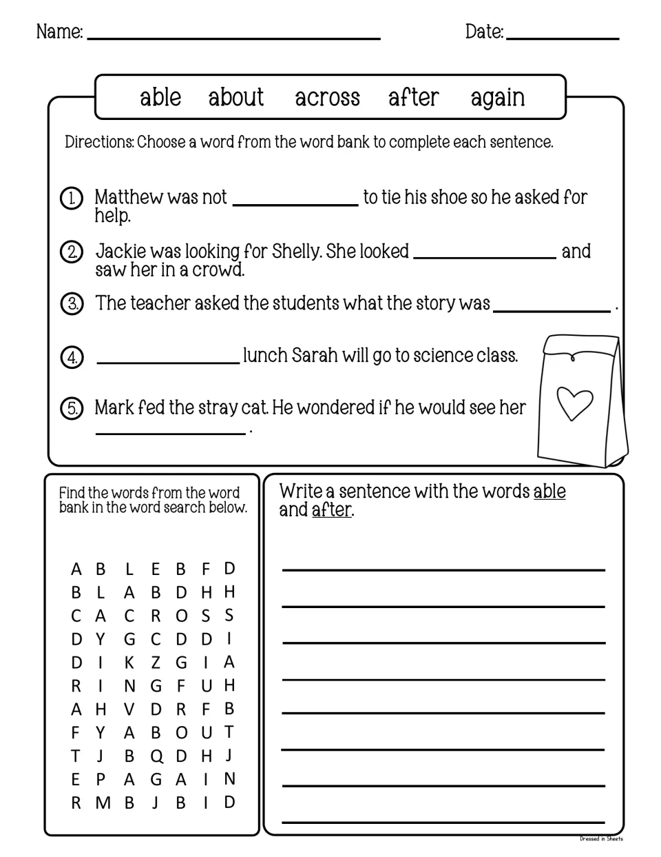 Word bank able, about, across, after, again: students complete 5 sentences, do a word search and write a sentence
