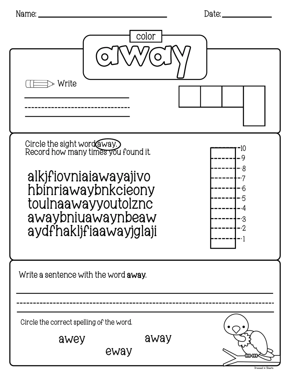 Sight word away: students color and write it, count it in letter strings, write a sentence and pick the correct spelling