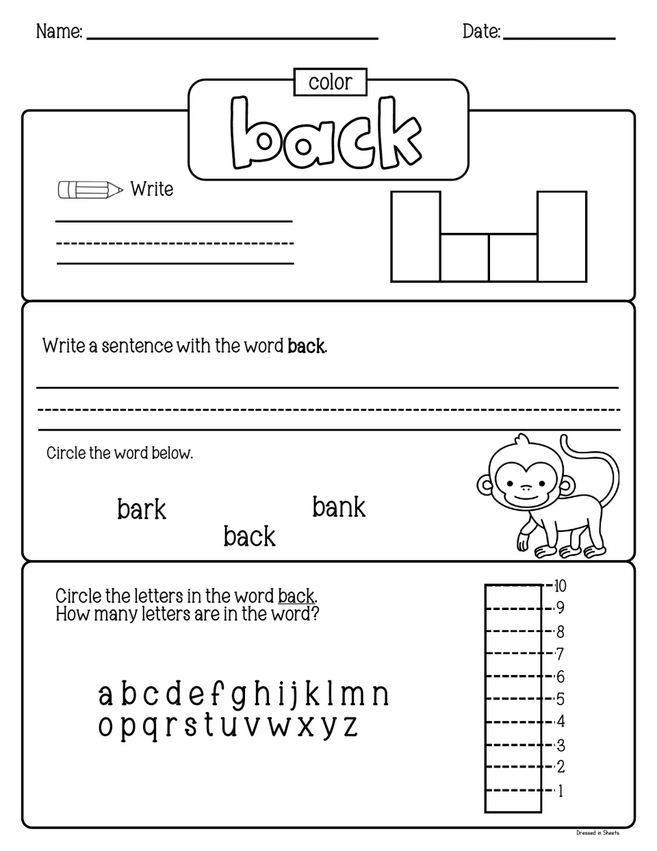 Sight word back: students color and write it, use it in a sentence, pick it from bark and bank, and count its letters