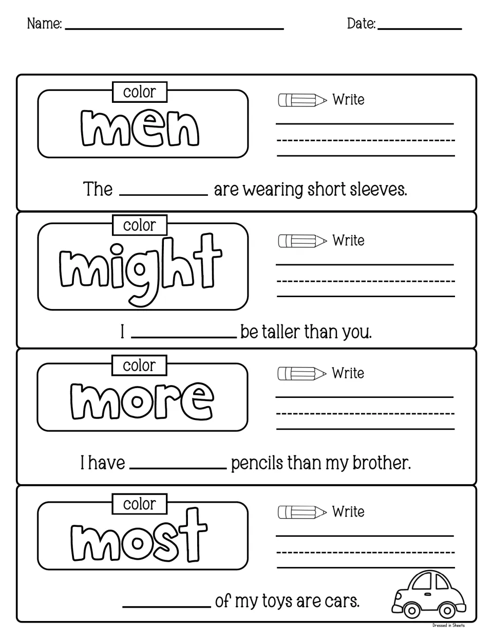 Sight words men, might, more and most: students color and write each word, then fill it into a sentence blank
