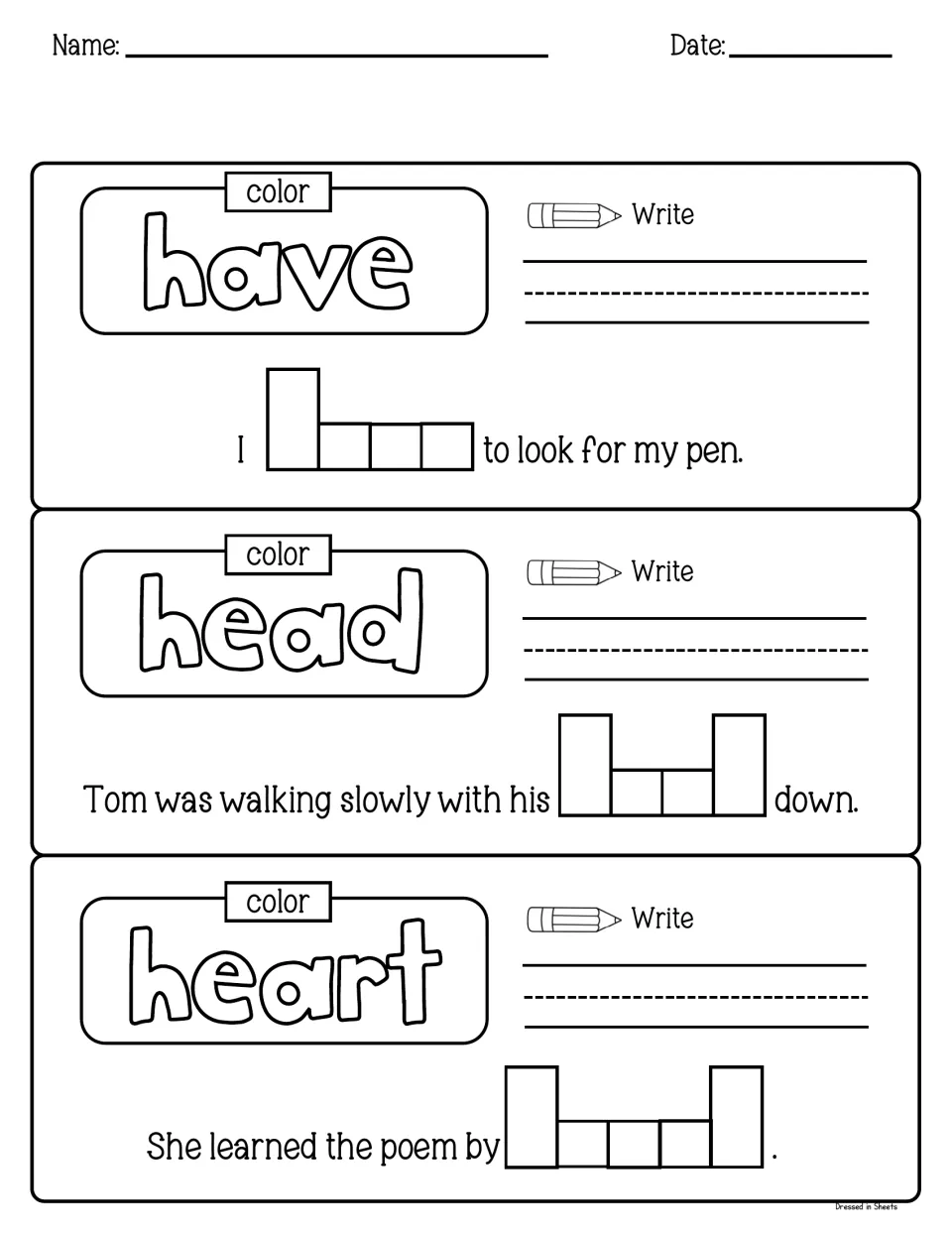 Sight words have, head and heart: students color each word, write it, then fit it into word-shape spaces in a sentence