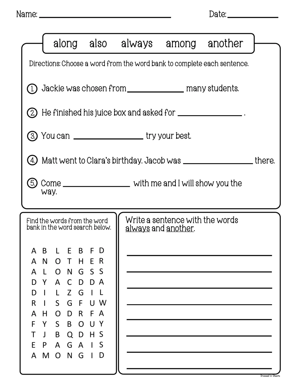 Word bank along, also, always, among, another: students fill 5 sentence blanks, do a word search and write a sentence
