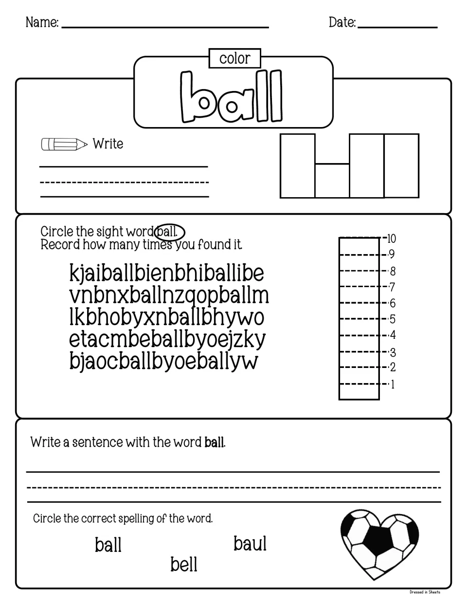 Sight word ball: students color and write it, tally it in letter strings, write a sentence and spot ball among bell, baul