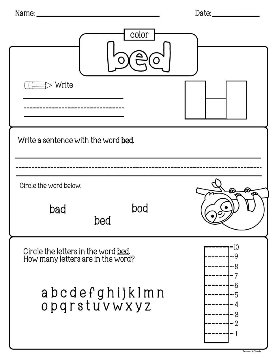 Sight word bed: students color and write it, use it in a sentence, find it among bad and bod, then count its letters