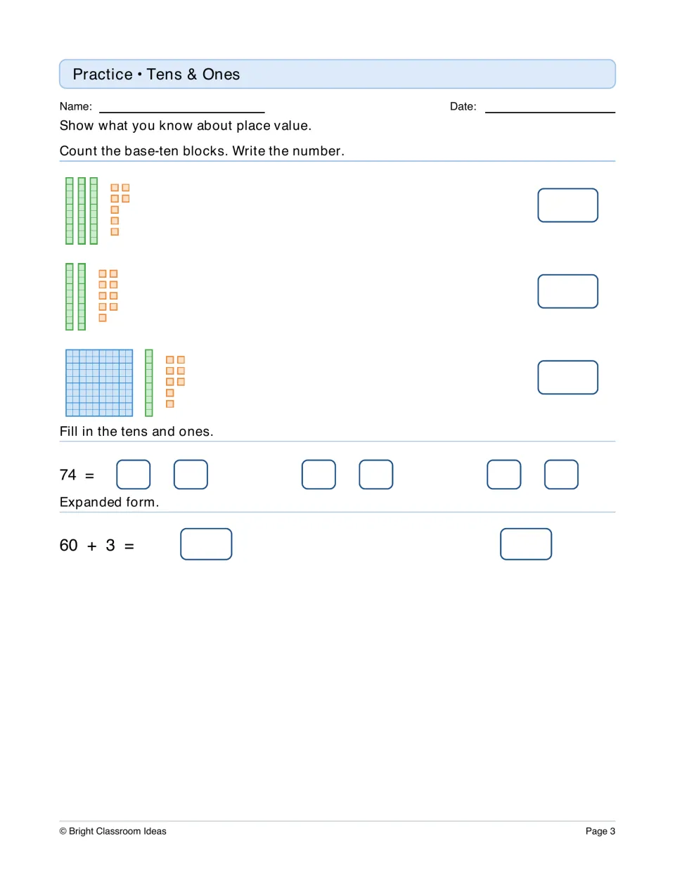 Tens and ones place value: students count base-ten blocks, split 74, 60 and 45 into tens and ones, and use expanded form