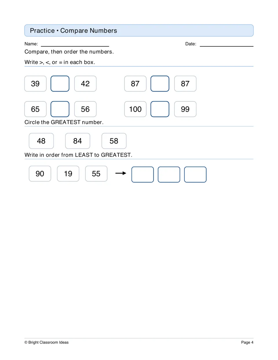 Compare numbers: students write >, < or = for pairs like 39 and 42, circle the greatest of 48, 84, 58 and order 90, 19, 55