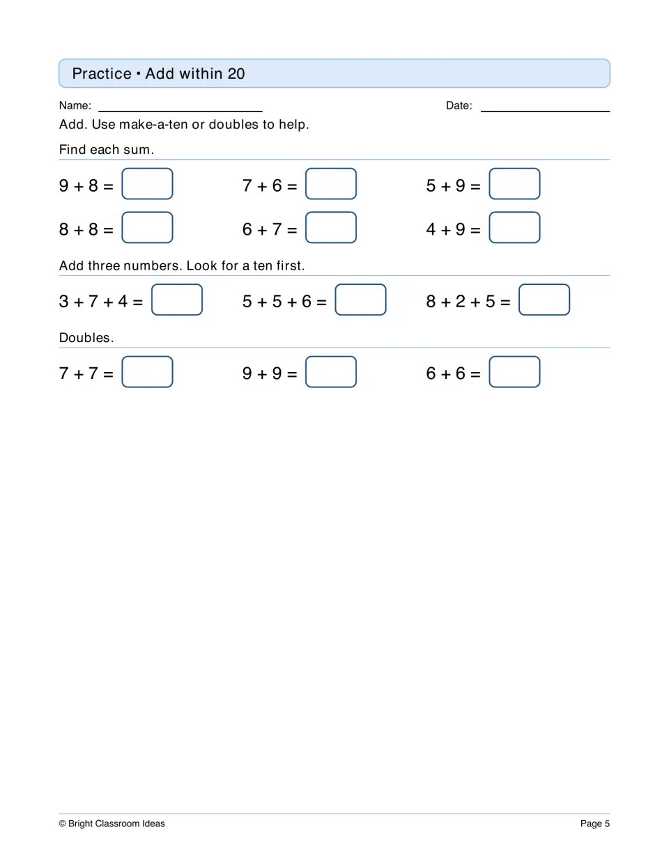 Add within 20: students find sums like 9 + 8 with make-a-ten or doubles and add three numbers such as 3 + 7 + 4