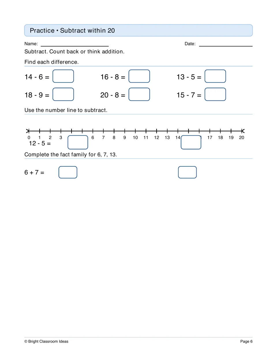 Subtract within 20: students solve facts like 14 - 6, use a number line for 12 - 5, and finish the 6, 7, 13 fact family