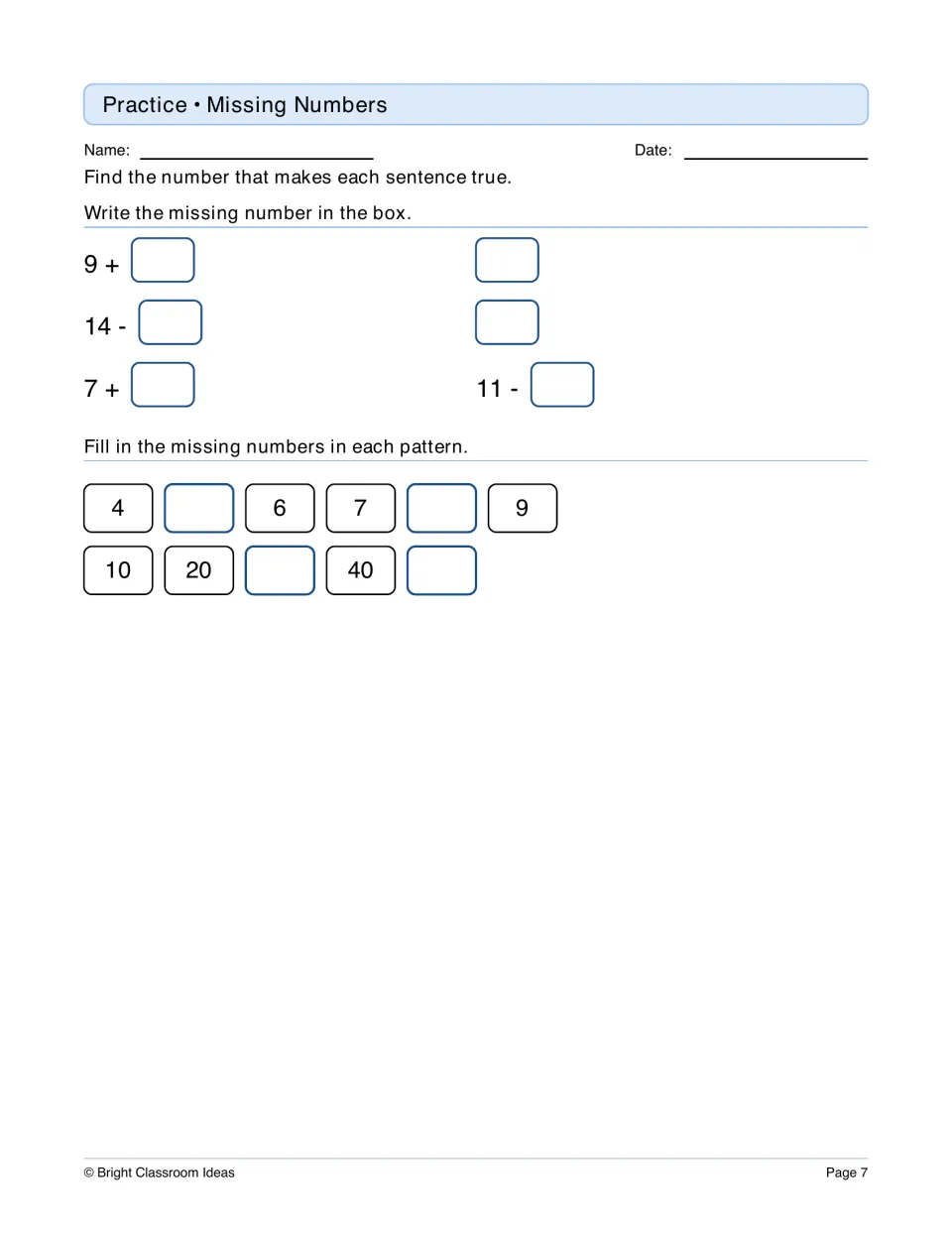 Missing numbers: students find the unknown in facts like 9 + ? = 16 and 14 - ? = 8, then fill in counting patterns
