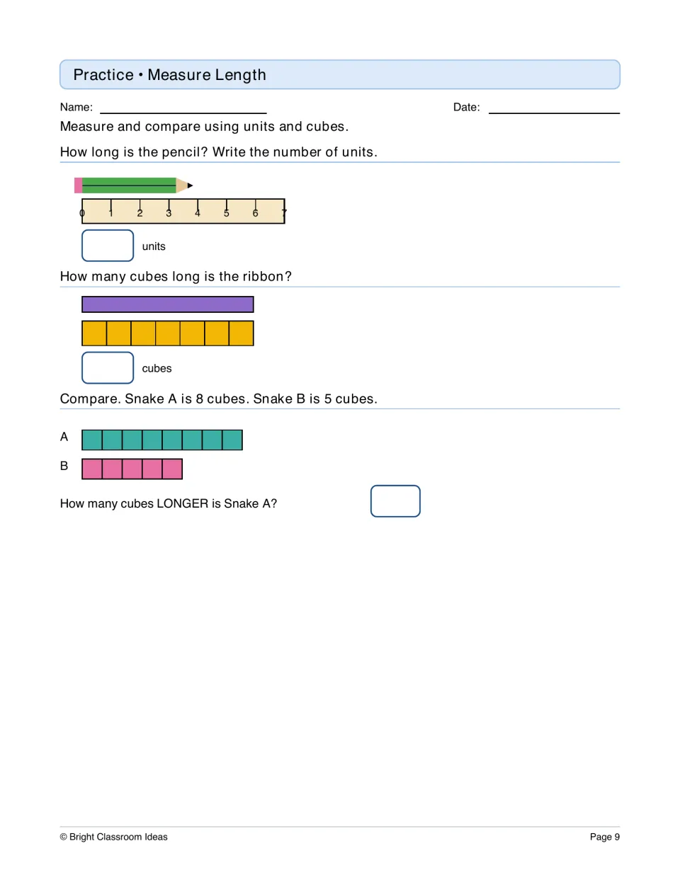 Measure length: students measure a pencil on a ruler, count cubes along a ribbon, and compare two cube snakes