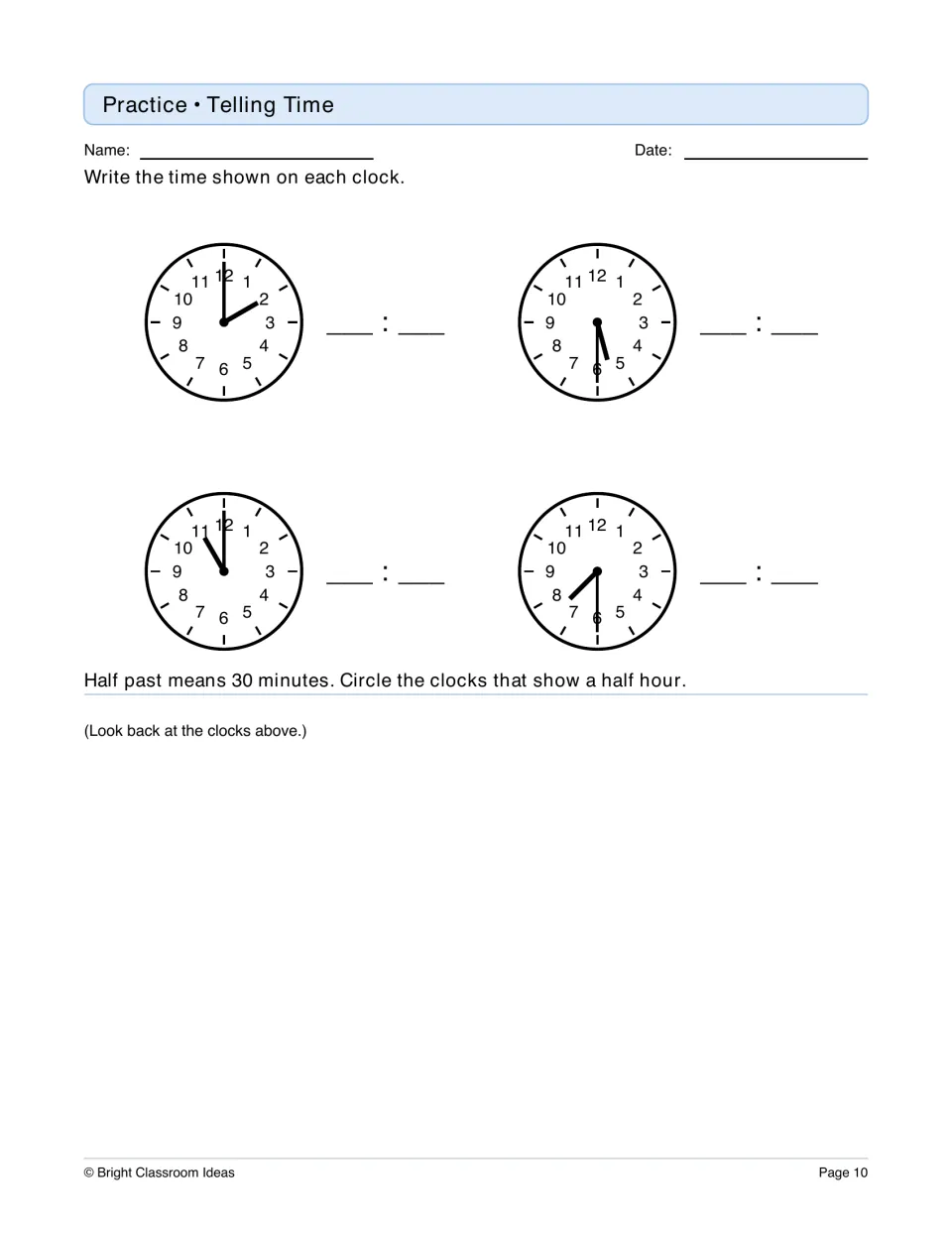 Telling time: students write the time shown on four analog clocks, then circle the clocks that show half past the hour