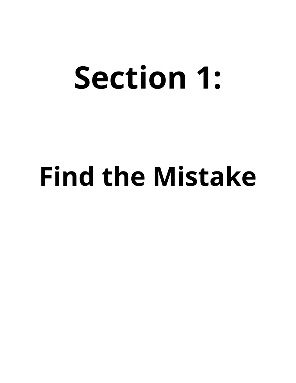 Section 1 title page, Find the Mistake, opening the set of pages where students spot and fix wrong answers