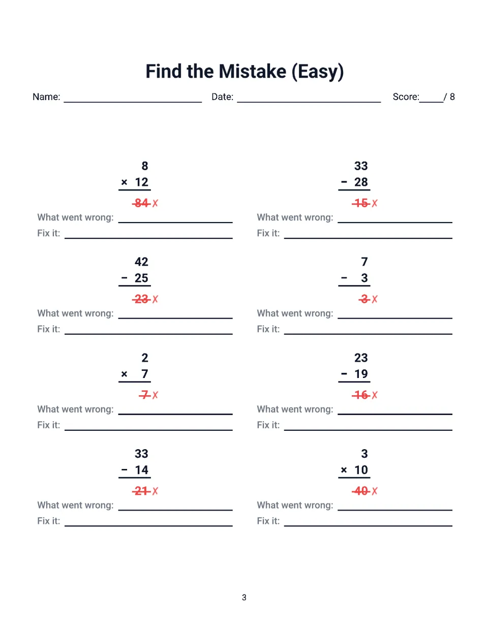 Find the Mistake (Easy): students explain the error and fix 8 subtraction and multiplication answers, such as 33 - 28 = 15
