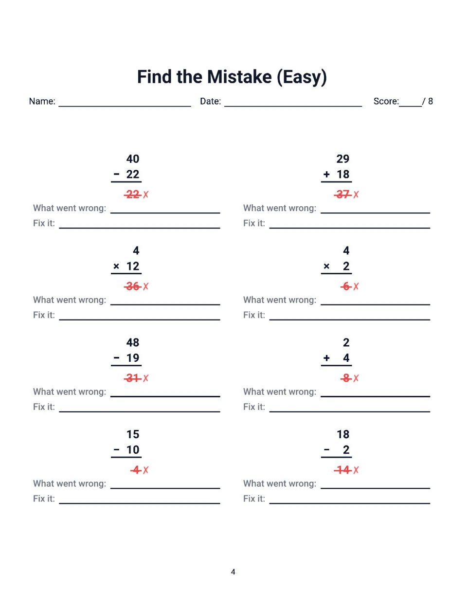Find the Mistake (Easy): 8 mixed problems with crossed-out answers like 29 + 18 = 37 and 4 x 12 = 36 for students to correct