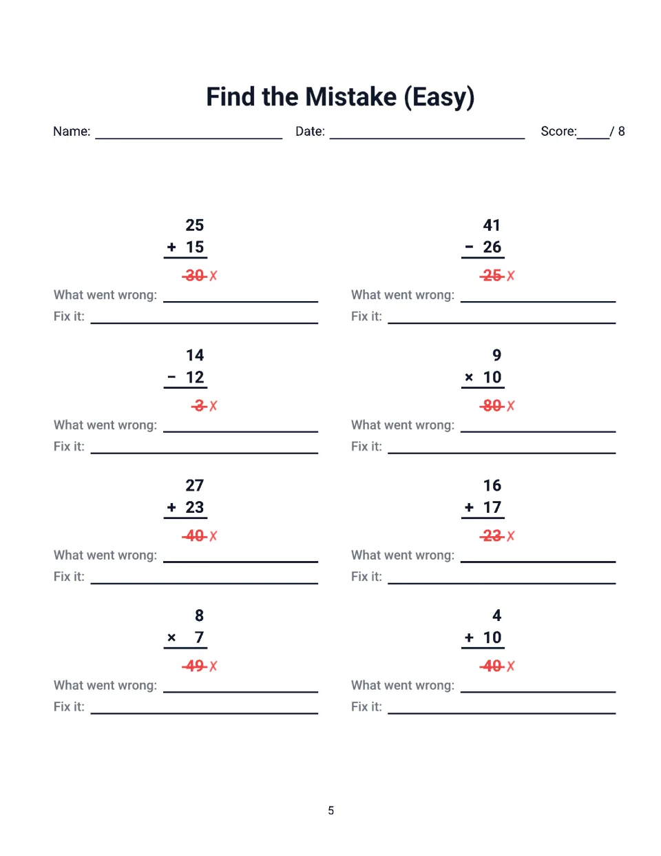 Find the Mistake (Easy): students explain and fix wrong sums, differences and products such as 27 + 23 = 40 and 8 x 7 = 49