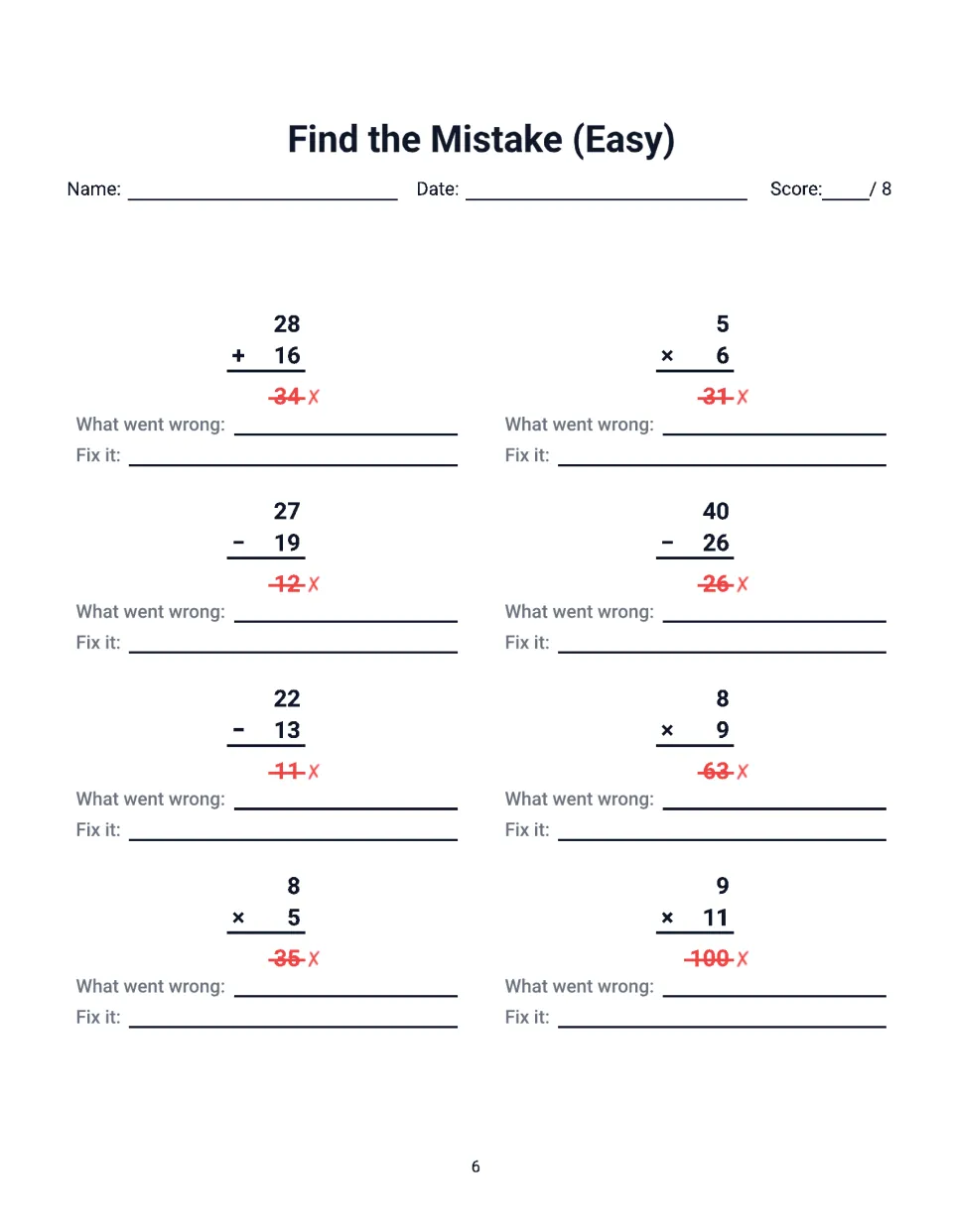 Find the Mistake (Easy): 8 crossed-out answers to correct, including 28 + 16 = 34, 5 x 6 = 31 and 9 x 11 = 100
