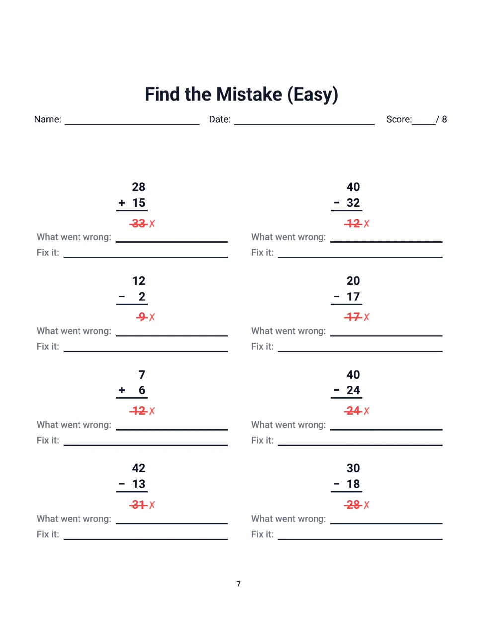 Find the Mistake (Easy): addition and subtraction errors such as 40 - 32 = 12 and 7 + 6 = 12 for students to explain and fix