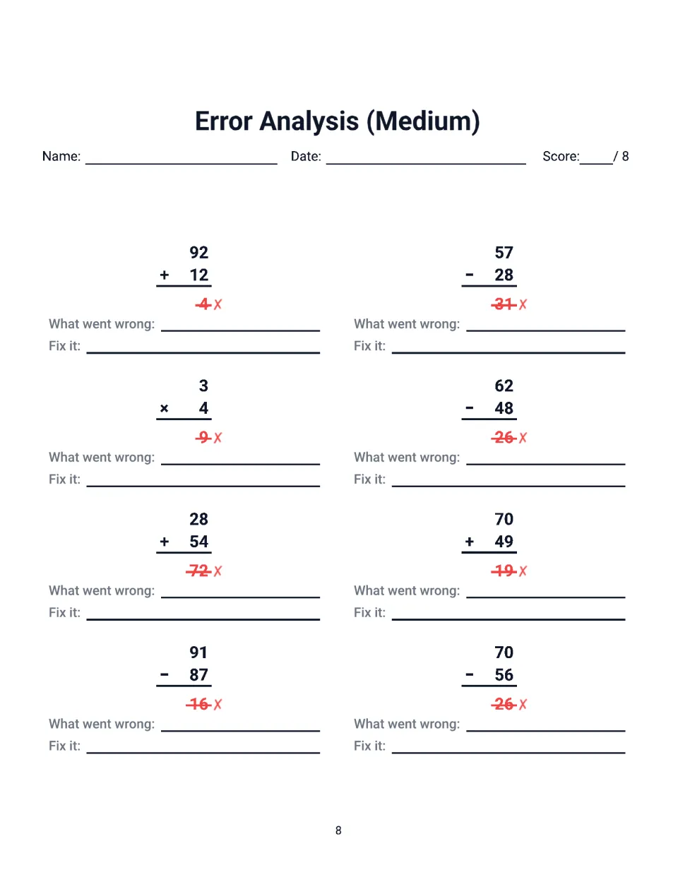 Error Analysis (Medium): students correct harder two-digit errors like 92 + 12 = 4, 62 - 48 = 26 and 70 + 49 = 19