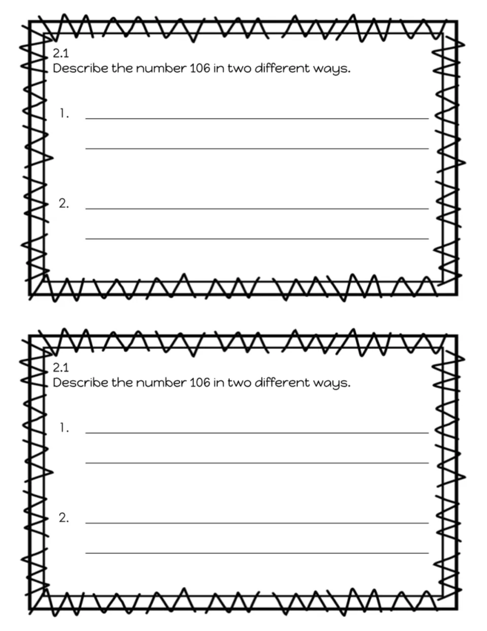 Exit slip 2.1 asks students to describe the number 106 in two different ways, printed twice for booklets