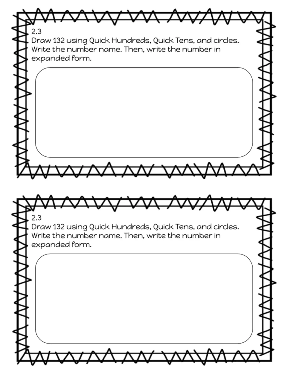 Exit slip 2.3 asks students to draw 132, write its number name, and give its expanded form; two copies