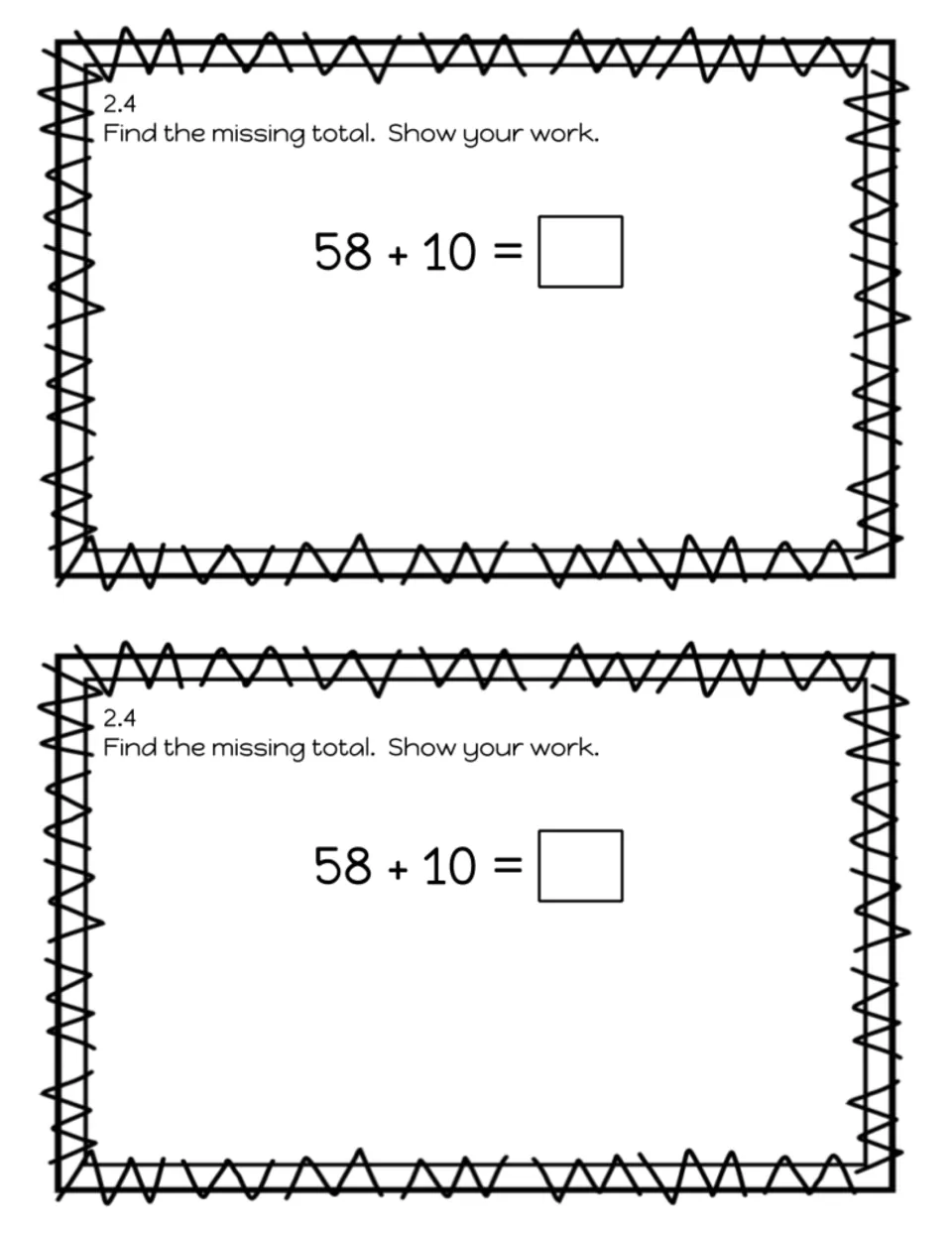 Exit slip 2.4 asks students to find the missing total for 58 + 10 and show their work, printed twice