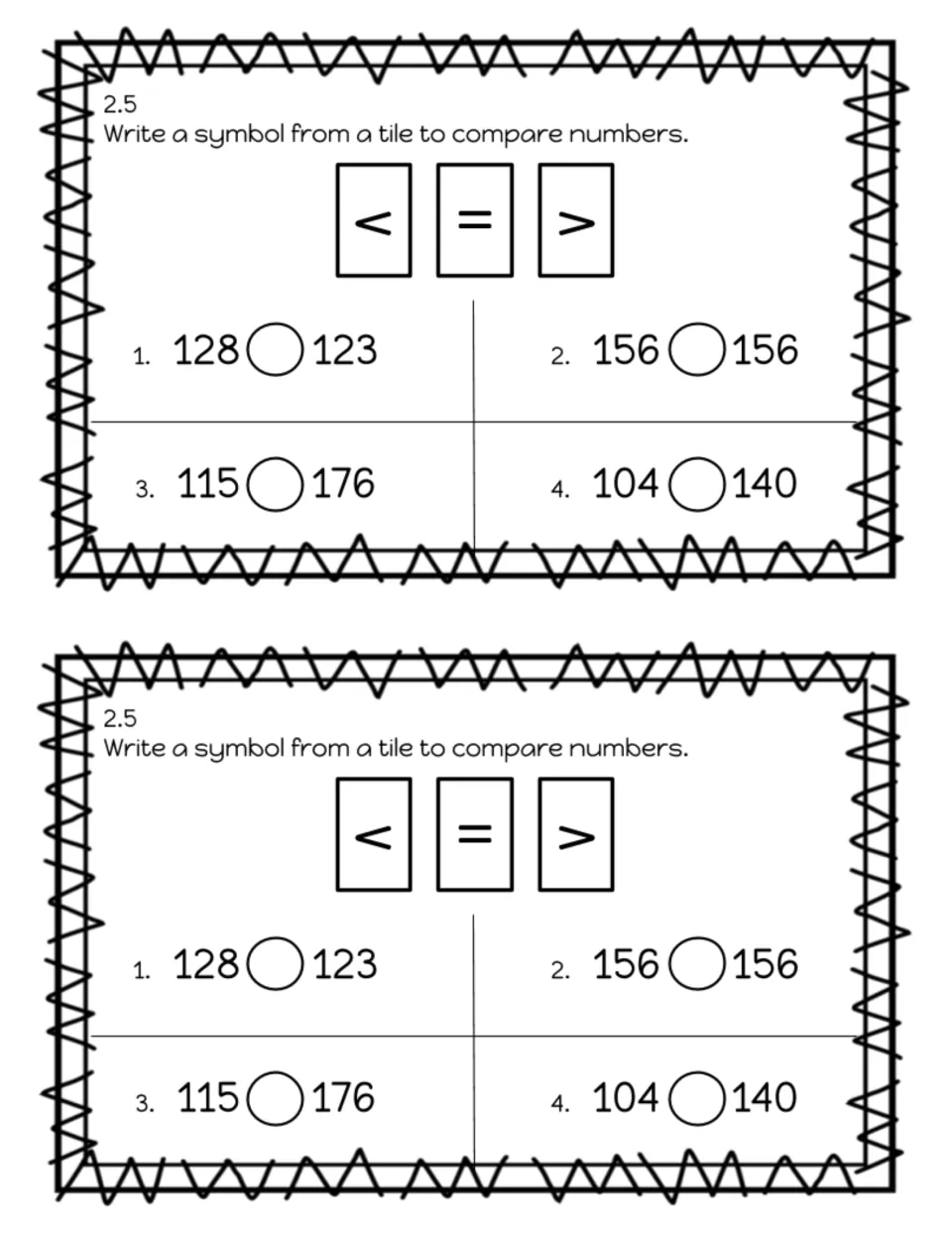 Exit slip 2.5: compare 128 and 123, 156 and 156, 115 and 176, and 104 and 140 using <, =, or >; two copies