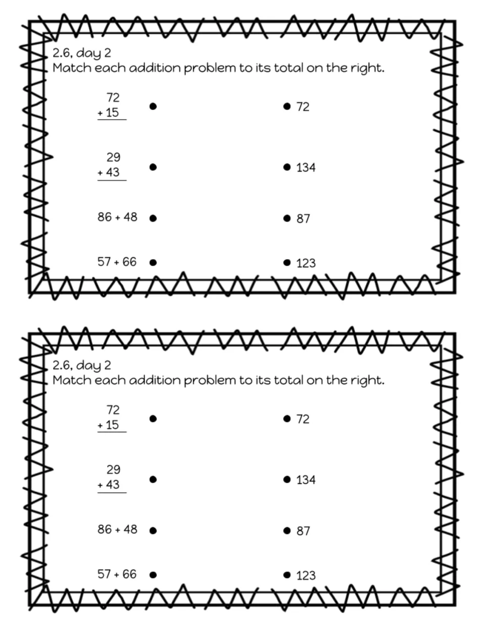Exit slip 2.6, day 2: match 72 + 15, 29 + 43, 86 + 48, and 57 + 66 to their totals, printed twice