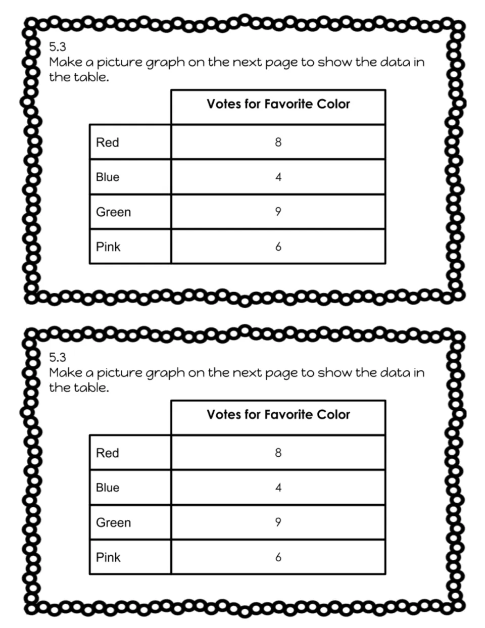 Lesson 5.3 exit slip: use favorite color votes to make a picture graph—red 8, blue 4, green 9, pink 6