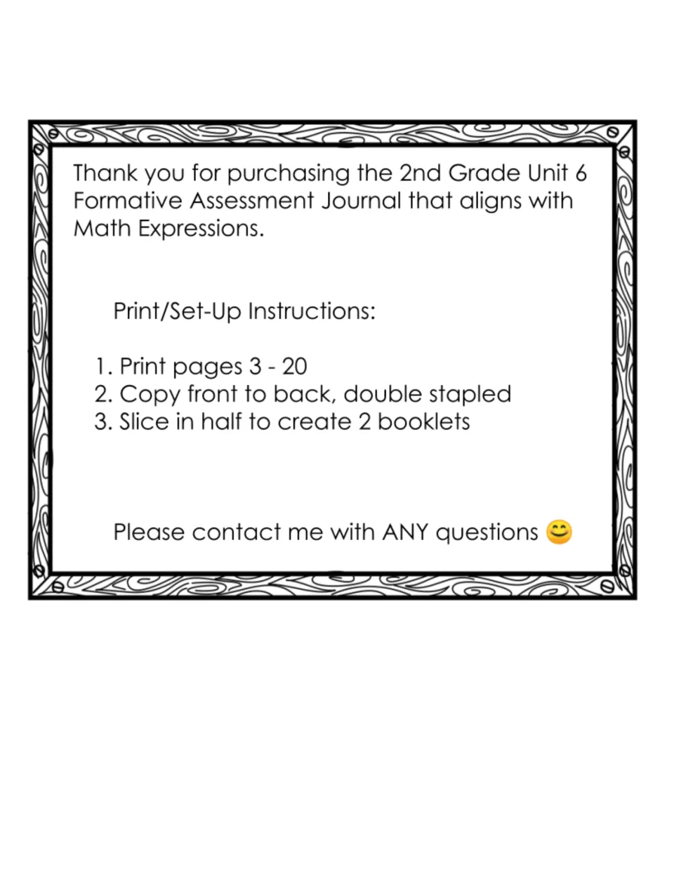 Print and set-up steps: print pages 3 to 20, copy front to back, double staple and slice in half to make two booklets
