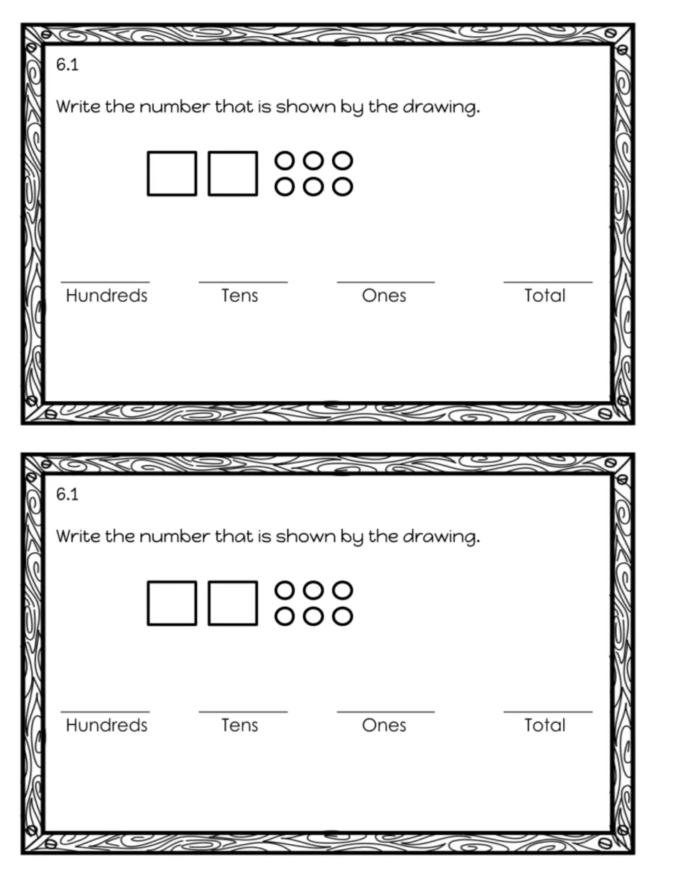 Exit slip 6.1 on place value: students write hundreds, tens, ones and the total for a drawing of 2 hundreds and 6 ones