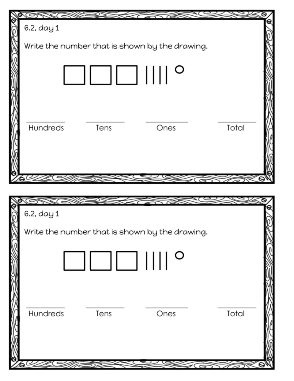 Exit slip 6.2, day 1: students record hundreds, tens and ones and the total for 3 hundreds, 4 tens and 1 one in a drawing